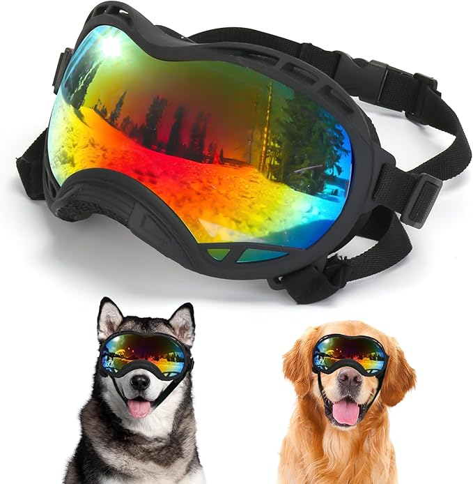 Dog Goggles for Large Dogs, UV Protection Dog Sunglasses, Adjustable Strap, Windproof、Dustproof、Anti-Fog Eye Protection Sunglasses for Large and Medium Dogs (Black Frame)