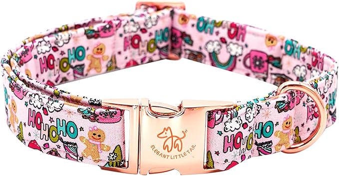 Elegant little tail Christmas Dog Collar, Pink Gingerbread Man Print Pet Collar Dog Durable Cute Dog Collars Winter Holiday Male or Female Pet Gift Adjustable Dog Collar for Small Puppy