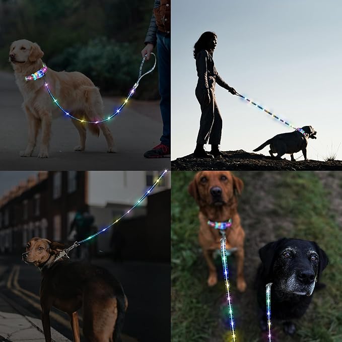 Light Up Dog Collar+LED Dog Leash,Rechargeable Waterproof LED Dog Collar Set,1.5m,3 Lighting Modes for Medium Large Dogs Walking at Night(1.5m Leash+10-25in Collar Can be Crop)