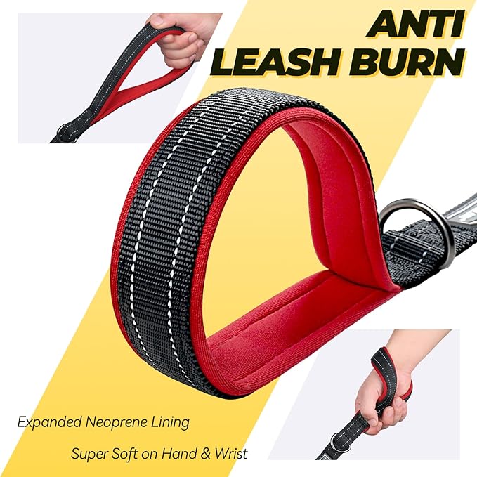VIVAGLORY Twingrip Dog Leash, Double Handle Dog Leash for Training & Walking with Traffic Handle & 2 Loop, Traffic Control Reflective Heavy Duty for Puppy Pet, 4ft x 1in, Black