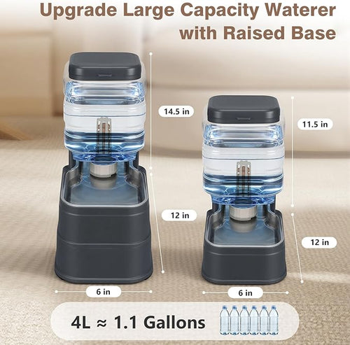 1.1 Gallon Pet Automatic Dog Water Dispenser Cat Gravity Waterer Feeder with Stainless Steel Bowl Large Capacity Puppy Feeding Raised Bowls with Filter,Ice Pack (Charcoal Gray, 4L(1.1 Gallon))