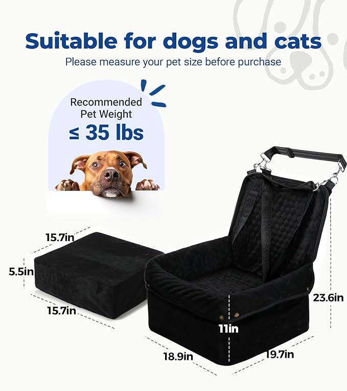 Dog Car Seat for Small Medium Dogs, Travel Pet Car Bed with Removable Waterproof Cover, Memory Foam Dog Booster Seats Up to 35 lbs, Safety Belt and Storage Pocket(Black)