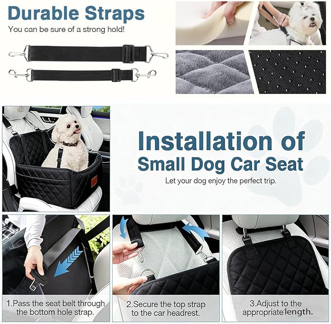 Dog Car Seat for Small Medium Dogs - Memory Foam Seat with Cushion for Pets Under 35lbs,Detachable & Machine Washable Pet Car Bed, Includes 2 Safety Belts Storage Pockets,Universal Fit for SUV Sedan