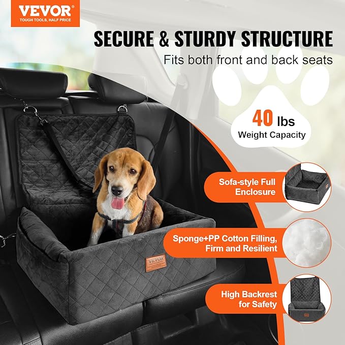 VEVOR Dog Car Seat, Dog Booster Seat for Car with a Storage Pocket, Clip-On Safety Leash, Sponge and PP Cotton Filling, Vehicle Bed for Small & Medium Pet up to 40lbs, Black