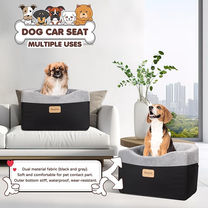 Dog Car Seat for Small/Medium Dogs, Memory Foam Dog Booster Seat with Washable Removable Cover, Storage Pockets and Thick Cushion, Black Part is Waterproof and Abrasion-Resistant