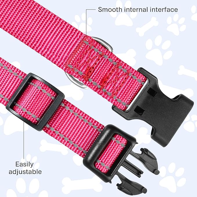 FunTags Reflective Dog Collar, Sturdy Nylon Collars for Puppy and Extra Small Girl and Boy Dogs, Adjustable Dog Collar with Quick Release Buckle,Pink,3/8" Width