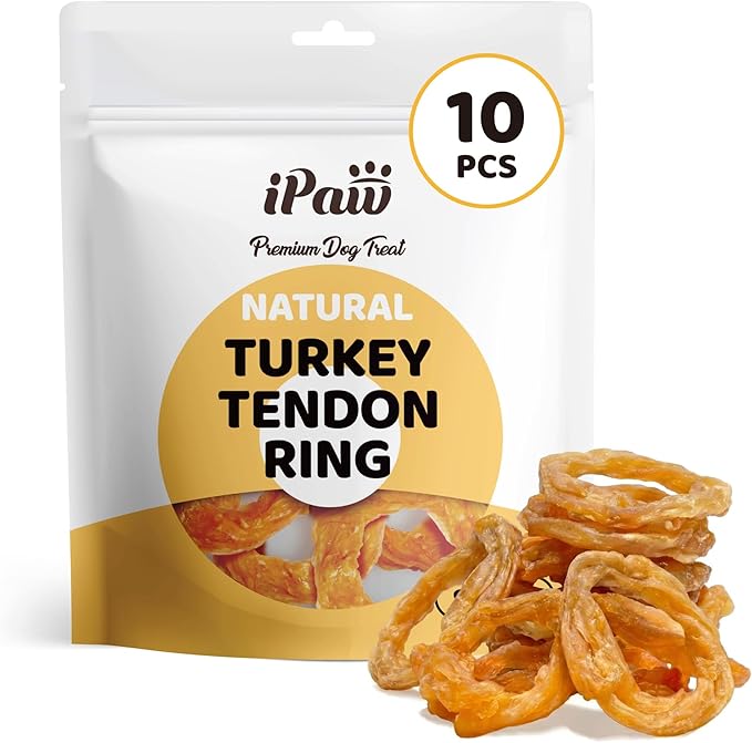 iPaw Turkey Tendons for Dogs 10 Pcs Value Pack, 100% Turkey and US Sourced Raw Material, Hypoallergenic, All Natural Human Grade Puppy Chew, Rawhide Alternative Dog Treats, Ring (Small)