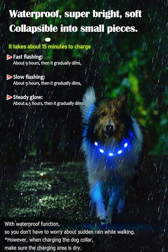 Waterproof LED Dog Collar USB Rechargeable Light Up Dog Collars Lights for Night Walking Lighted Safety Training & Behavior Aids for Small Medium to Large Dogs