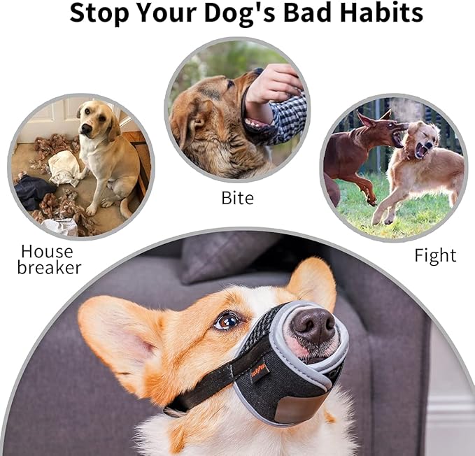 LUCKYPAW Dog Muzzle Anti Biting Barking and Chewing with Comfortable Mesh Soft Fabric and Adjustable Strap, Suitable for Small, Medium and Large Dogs(Gray(3D Mesh),L)