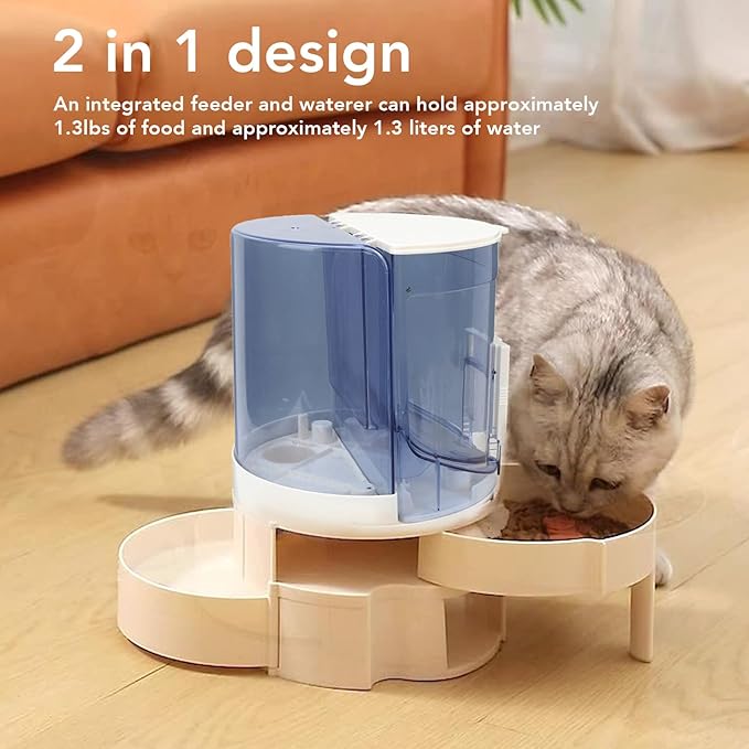 Automatic Pet Feeder Water Dispenser Double Layer Dry Wet Separate 1.3lbs Food 1.3L Water ABS PP Material Rotating Storage Elevated for Small Medium Pets (Light Blue)
