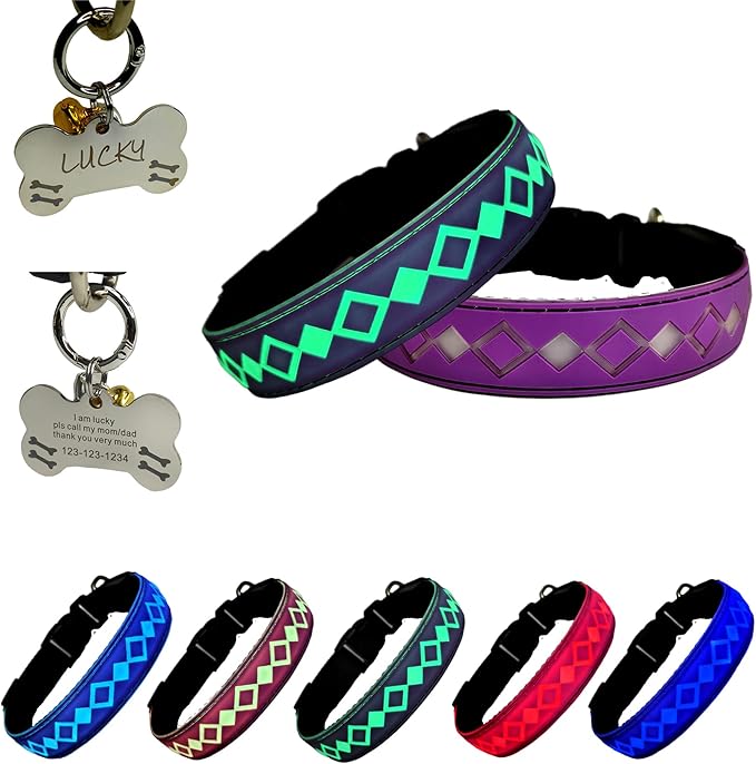 LED Dog Collar with ID Tag, 15 Light Modes, Waterproof Silicone, Night Safety (PURPLE, M(11.8-15.7"))