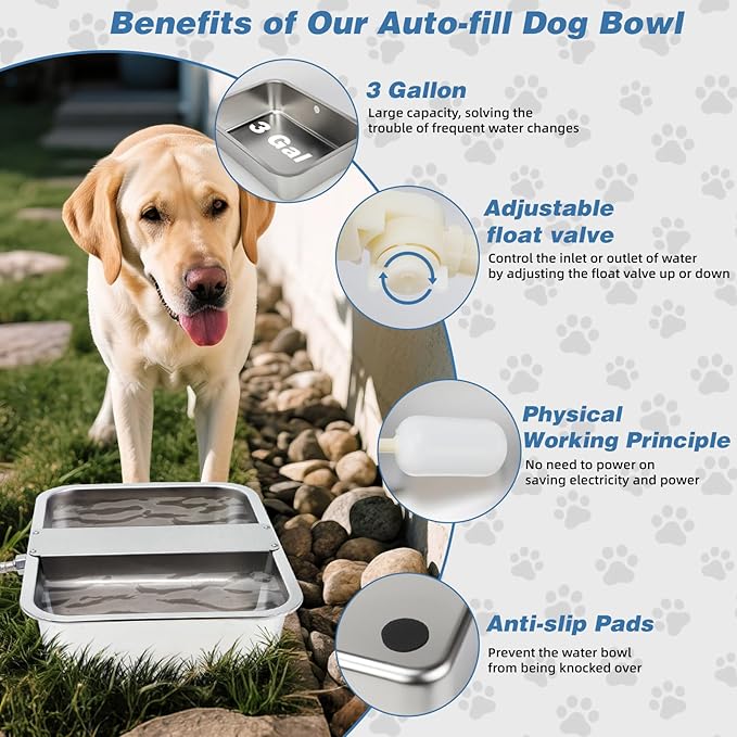 YUEPET 3 Gallon Auto Dog Water Bowl Dispenser Outside Automatic Water Dispenser for Large Dogs Stainless Steel Auto-Fill Dog Waterer Feeder with Float Valve for Pets Indoor Outdoor Use