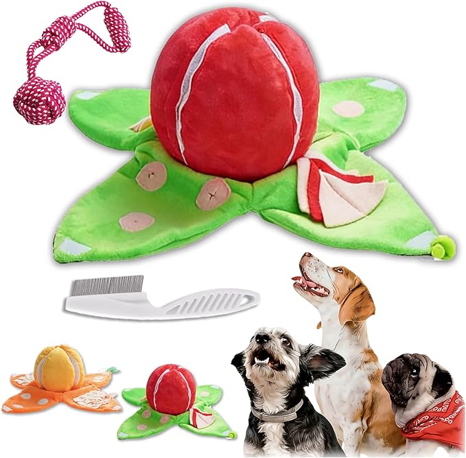 RJDJ Orange Hide-and-Seek Plush Dog Toy, Interactive Squeaky Watermelon Dog Toy with Hidden Pockets, Watermelon Snuffle Toy for Boredom Small Medium Dogs (1PC-B)