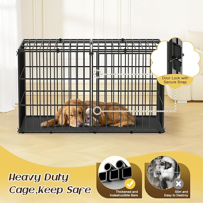 Pawaboo Heavy Duty Dog Crate, 56 inch Large Metal Dog Cage, Thickened Anti-bite Dogs Kennel with Mat, Dogs Playpen with Secure Top, Pet Cage Crate with Lock Door, Black