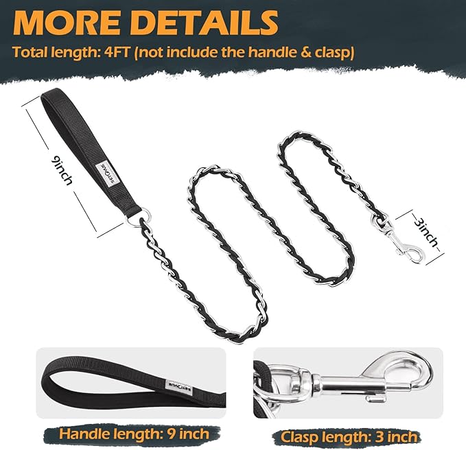 Chew Proof Metal Leash Chain Dog Leash for Medium Large Dogs, Chain Link Anti Chew 4FT Strong Anti Bite Comfortable Soft Padded Handle Black