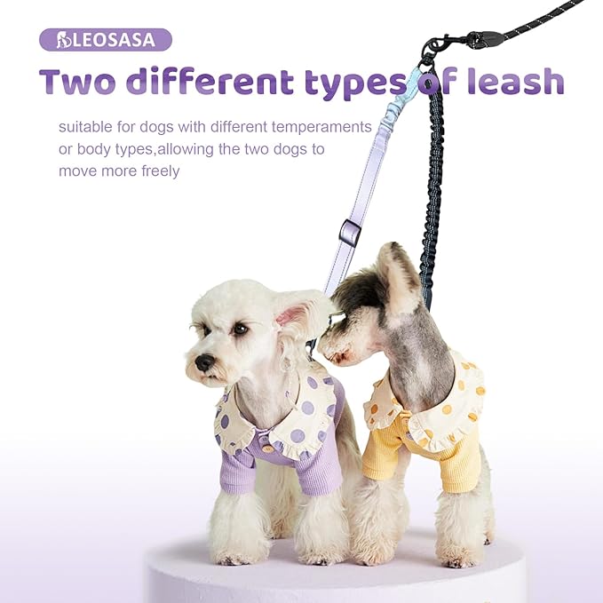 Double Dog Leash for Two Dogs - Gradient Color No Tangle Swivel Dog Coupler with Heavy Duty Clip, Size Adjustable Bungee Leash Attachment for Small, Medium, Large 2 Dogs, Style 1