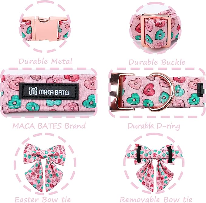 Maca Bates Valentine's Day Dog Collar with Sailor Bow for Large Girl Boy Dogs,Pink Love Hearts Pattern,Adjustable Durable Soft Valentine Gift for Female Male Puppy