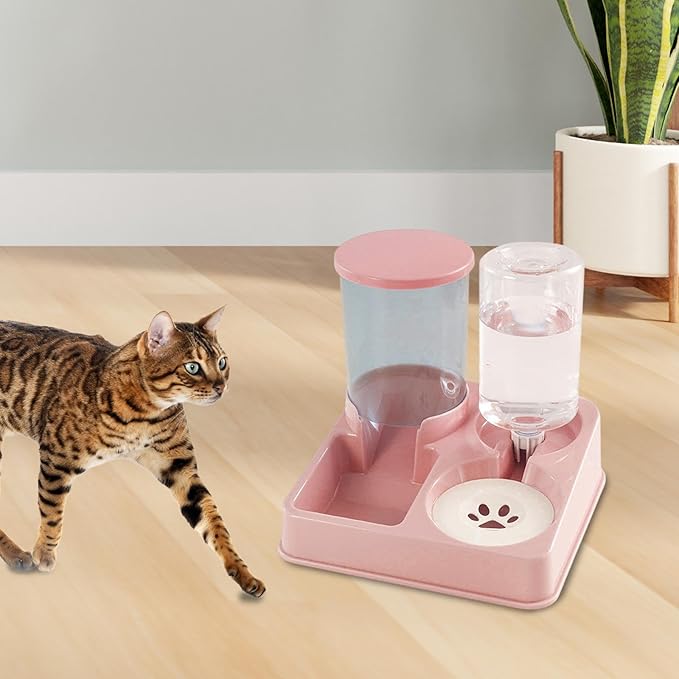 Pet Feeder and Water Dispenser Automatic Bowl for Cats Dogs 1L Water 0.75kg Food Capacity Self-Feeding Station Elevated Design- Pink
