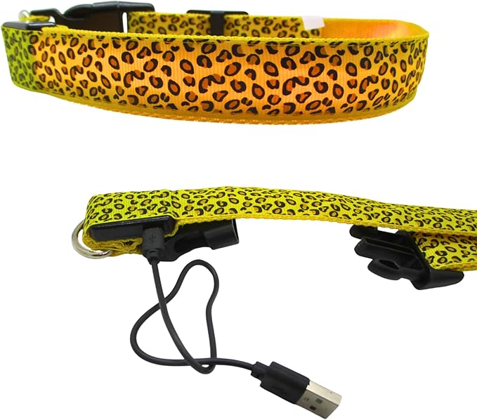 Leopard Dog Collar - Glow in The Dark USB Collar with Rechargeable Battery + Waterproof Design - Light Up Dog Collar - Yellow (Medium Size)
