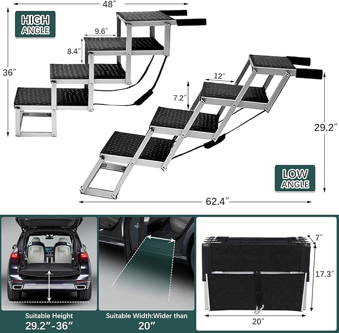 Dog Ramp for Car, Extra Wide Dog Stair for Large Dogs Car, Pet Steps Light Weight Aluminum Foldable Dog Steps for Cars and SUV,High Beds, Trucks, Supports up to 200 lbs (Extra Wide-4 Steps)