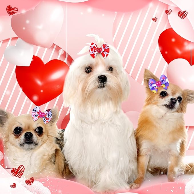 Tondiamo 100 Pack Valentine's Day Hair Bows with Rubber Bands Heart Pattern Puppy Bows for Dogs Spring Ear Rhinestone Pet Hair Grooming Accessories for Small Girl Cats