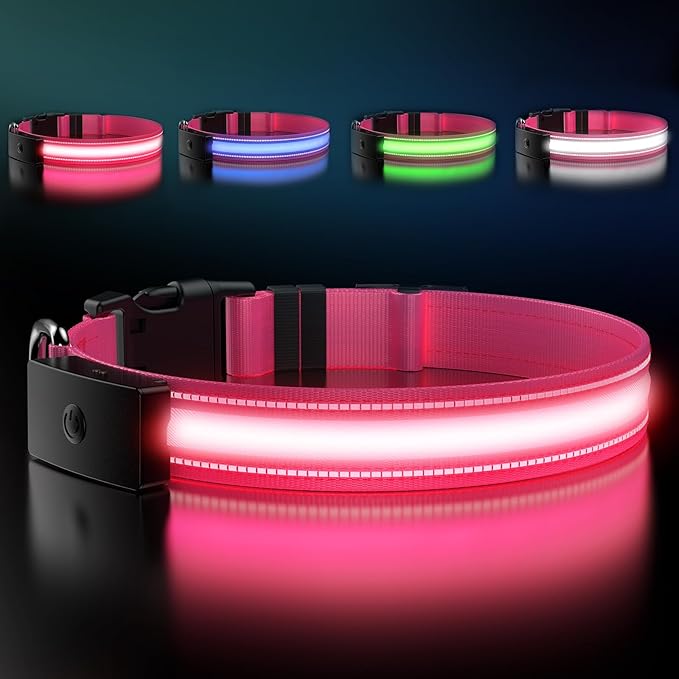 LED Dog Collar Rechargeable- Brightest Light Up Dog Collars - 1,600 Feet of High Visibility - Magnetic Charging - Glow in Dark Dog Lights for Night Walking, Pink XL