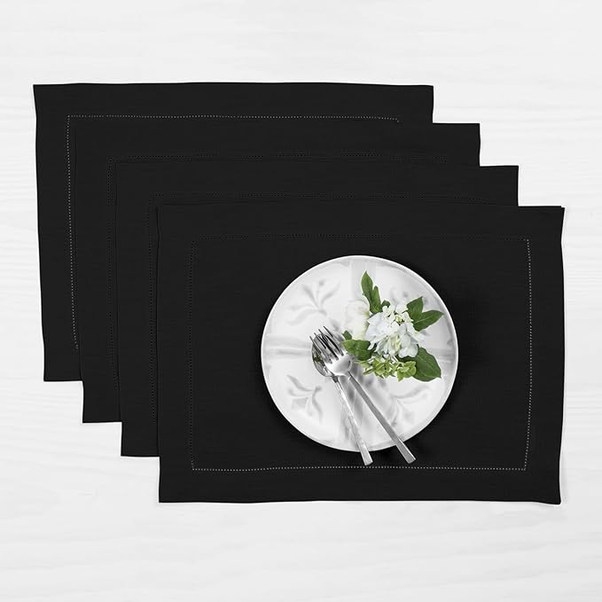 Solino Home Linen Placemats Set of 4 - Classic Hemstitch Black Placemats 14 x 19 Inch - 100% Pure Linen Table Mats for Winter, Holiday, New Year