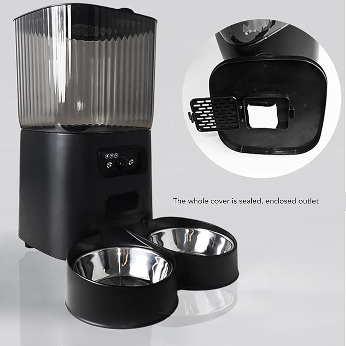 5L Automatic Cat Feeder, Large Capacity Pet Food Dispenser Button Control Timed Dog Feeders with Stainless Steel Bowl for Pets Cats Dogs (Dual Bowls)