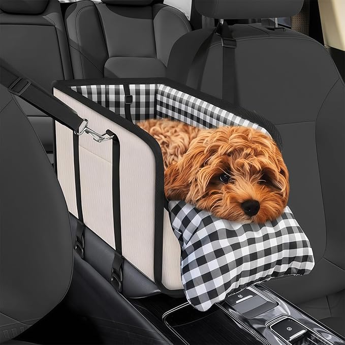 Center Console Dog Car Seat for Small Dogs Up to 11lbs Anti-Collapse Armrest Booster Seat with Headrest Stabilizing Straps Portable Pet Carrier Bag Travel Safety Kennel with Internal Tether (Black)