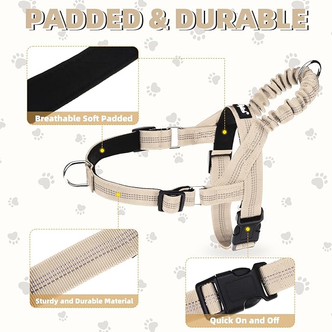 PUPTECK No Pull Dog Harness Small Sized Dog, Adjustable Reflective Pet Vest Harness with Bungee Handle, Escape Proof No Choke Harness for Small Dogs Walking Training, Beige S