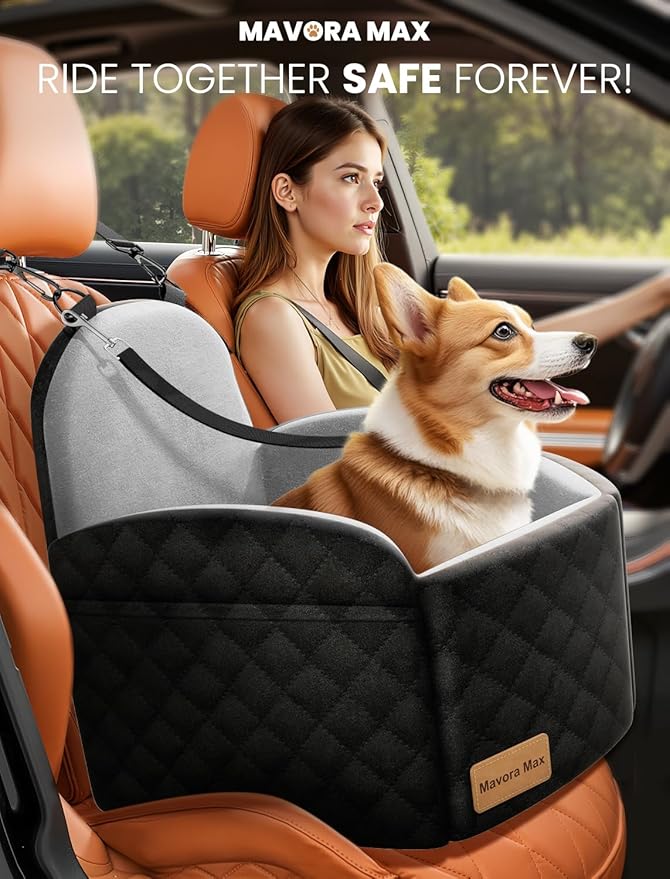 Dog Car Seat for Small/Medium Dogs, Elevated Dog Booster Seat Memory Foam Puppy Car Seat with Washable Cover, Travel Safety Pet Seat for Car with Storage Pockets Up to 35 lbs (Black/Grey)
