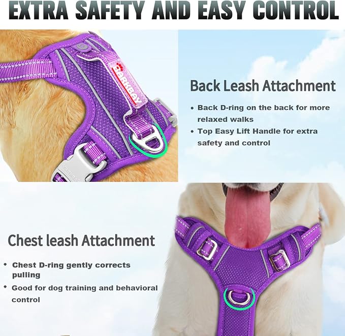 BARKBAY No Pull Dog Harness Large Reflective Dog Harness with Front Clip and Easy Control Handle for Walking Training Running with ID tag Pocket(Purple,M)