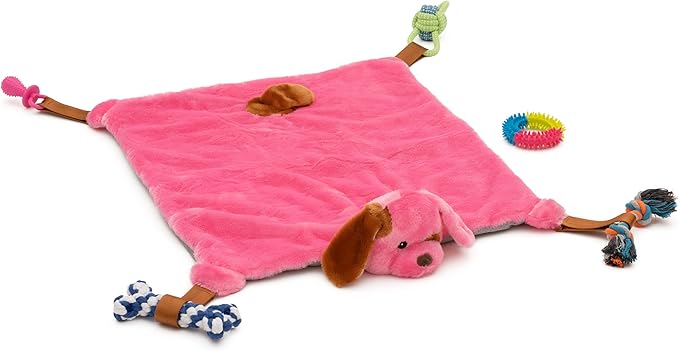 Puppy Play Mat - Pink for Small Breeds, 23'x20' Dog Mat with Detachable Teething Toys and Ropes