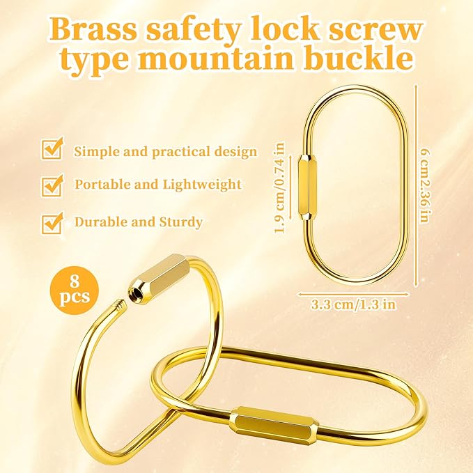 Brass Keychain Carabiner Clips - 8 PCS Gold Screw Lock Key Rings, Loose Leaf Binder Rings, Gold Carabiner Clip with Secure Locking Screw Brass Key Ring for Keys, Bags, Pet Collars & Luggage Tags