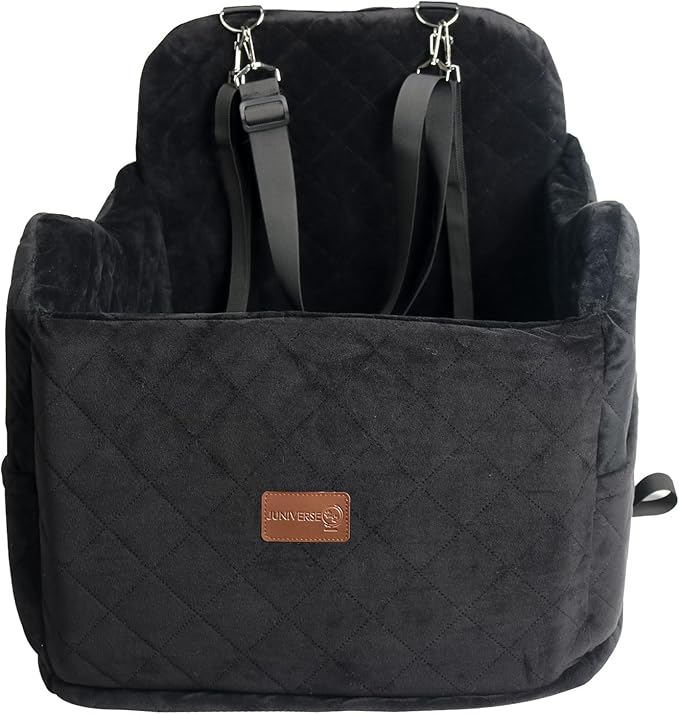Juniverse Dog Booster Car Seat for Small to Medium Dogs Up to 30 lbs, Memory Foam, Washable Velvet Fabric Cover, Safety Leash, Storage Pockets, 19x19x19 Inches (Black)