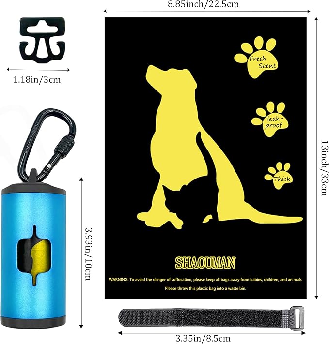 Metal Dog Poop Bag Holder w/Leash Clip|Durable Scratch-Resistant Aluminum|135 Bags+3 Accessories（Blue）