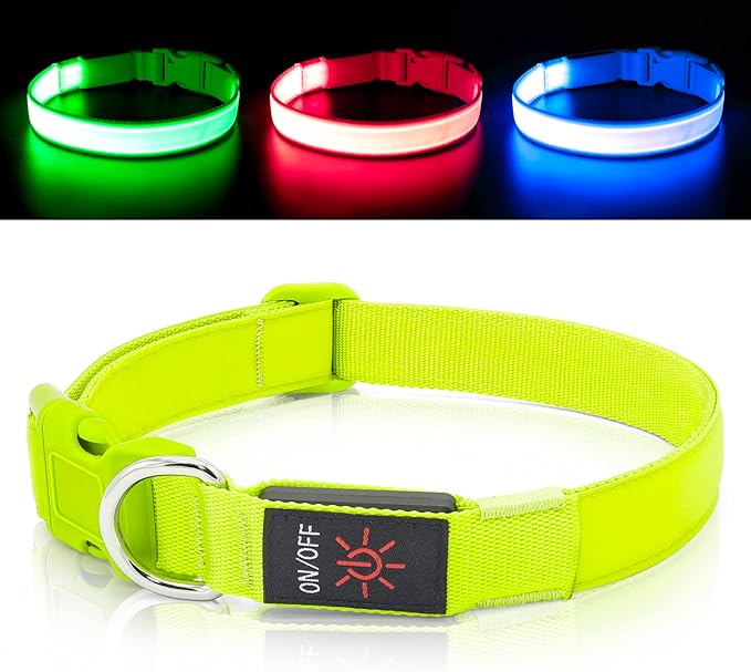 LED Dog Collar Light Up Dog Collars USB Rechargeable, Adjustable Size Heavy Duty TPU Nylon Webbing Glow Safety Basic Dog Collars for Large Medium Dogs (M, Neon Green)…