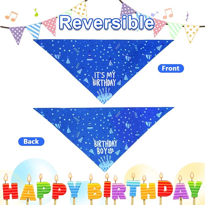 Birthday Dog Boy Bandana Blue Small 1PCS, Durable Triangle Reversible Scarf Bibs Handkerchief for Puppy Pet