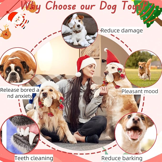 Christmas Dog Squeaky Toys with Crinkle, Xmas Interactive Plush Dog Toys, Dog Enrichment Chew Toys to Keep Them Busy, Dog Toys for Small Medium Large Dogs, Puppy Toys - Deer
