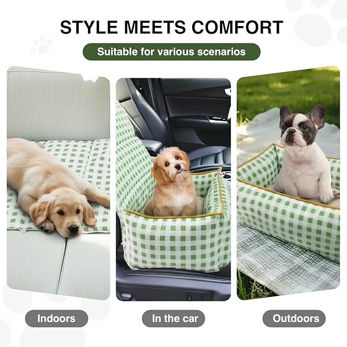 Pet Car Booster Seat for Small Dogs & Cats up to 25 lbs – Plaid Travel Seat with Safety Leash, Adjustable Straps, Non-Slip Base, 2-in-1 Convertible Bed, Detachable & Washable (Green Plaid)