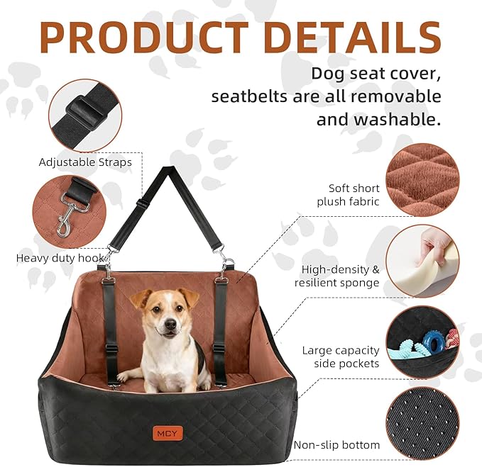 Dog Car Seat for Medium/Large Dog Booster Seat Under 55 lbs or 2 Small Dogs, Memory Foam Cushion, Washable Cover, 2 Safety Straps, Non-Slip Bottom, Pets Sofa Bed, Black
