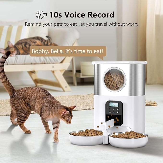 Pet Feeder 5l Stainless Steel Feeder O Window Double Outlet Automatic Feeder Pet Dry Food Dispenser Suitable Compatible with Cats and Dogs Pets Supplies(White)