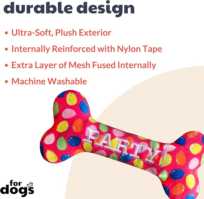 Huxley & Kent for Dogs - Party Time Pink Bone (Large) - Birthday Power Plush Dog Toy with Squeaker - Funny & Cute Dog Toy - H&K Squeaky