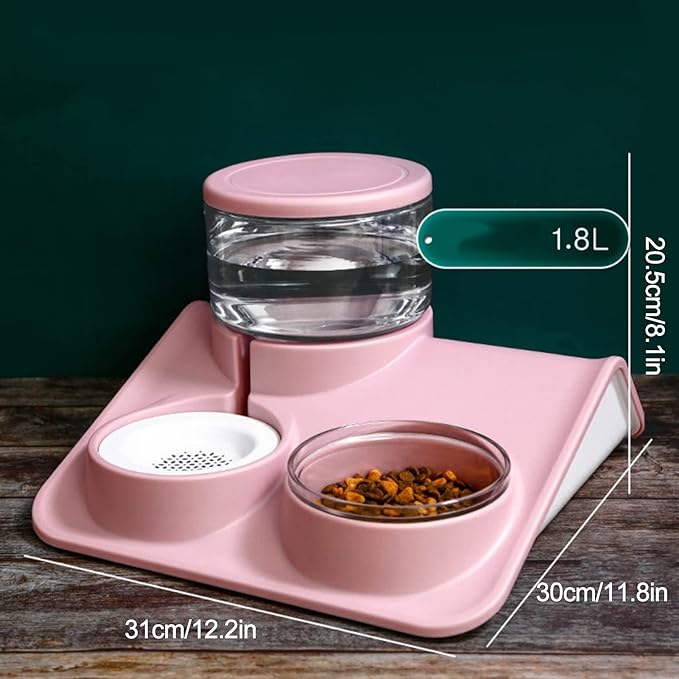 2-in-1 Double Dog Cat Bowls, Pet Water and Food Bowl Set, 1.8L Automatic Water Dispenser Detachable Bowl No-Spill Dog Waterer, Pet Feeder Auto Pets Waterer for Cat and Small Dog (Pink)