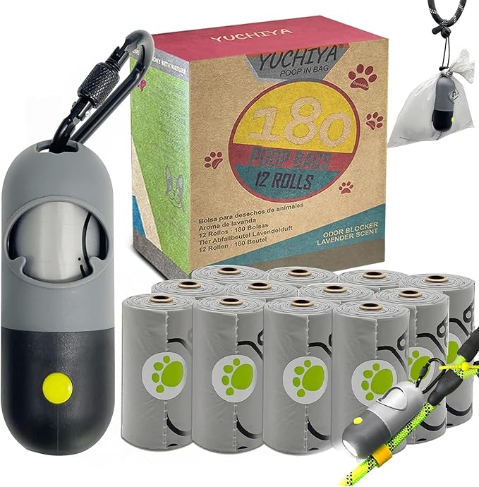 Dog Poop Waste Bags Holder with LED Flashlight|Cute Doggie Poo Bags Dispenser for Pet Leash|Trash Waste Bags Carrier with Potty Clip Fastener LR44 Button Cells Included (Grey, 1 Holder 195 Bags)