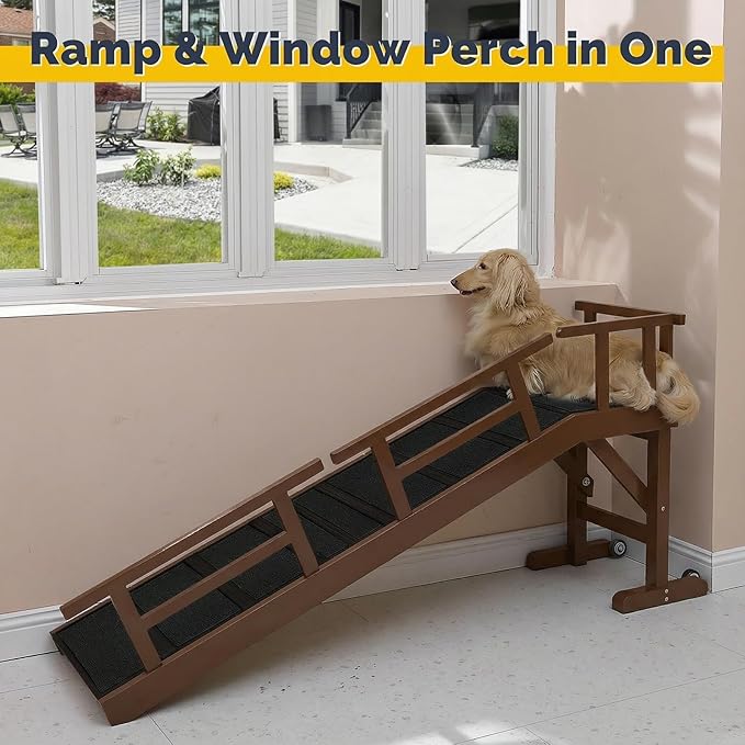 Dog Ramp for Bed or Couch, Wooden Pet Ramp with 20° Gentle Slope, Removable Side Rails, Non-Slip Surface, Top Platform & Wheels, Safe Bed Ramp for Small, Medium & Senior Dogs, 60" Long, Walnut