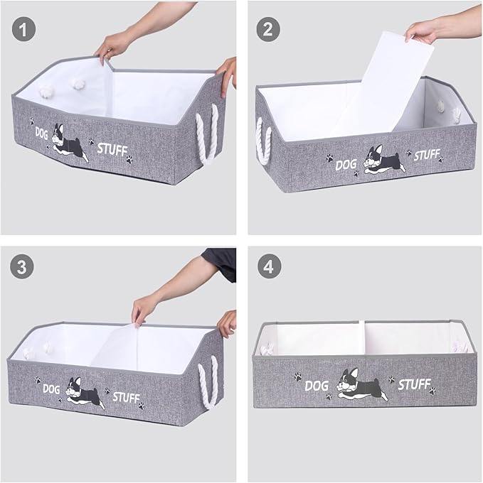 Large Dog Toy Basket with Handles, 28.5" Collapsible Multi-Purpose Hard Board Dog Toy box, Clothes, Dog toy storage (Grey,Cream)