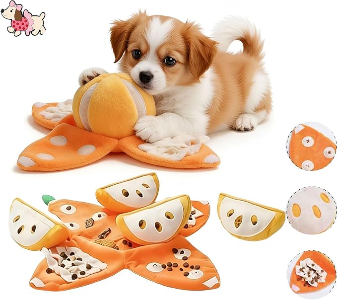 Orange Plush Dog Toy, 3 in 1 Interactive Puzzle Snuffle Toys with Hidden Pockets for Small Medium Dogs, Nose Work Pet Puzzle Toy for Boredom
