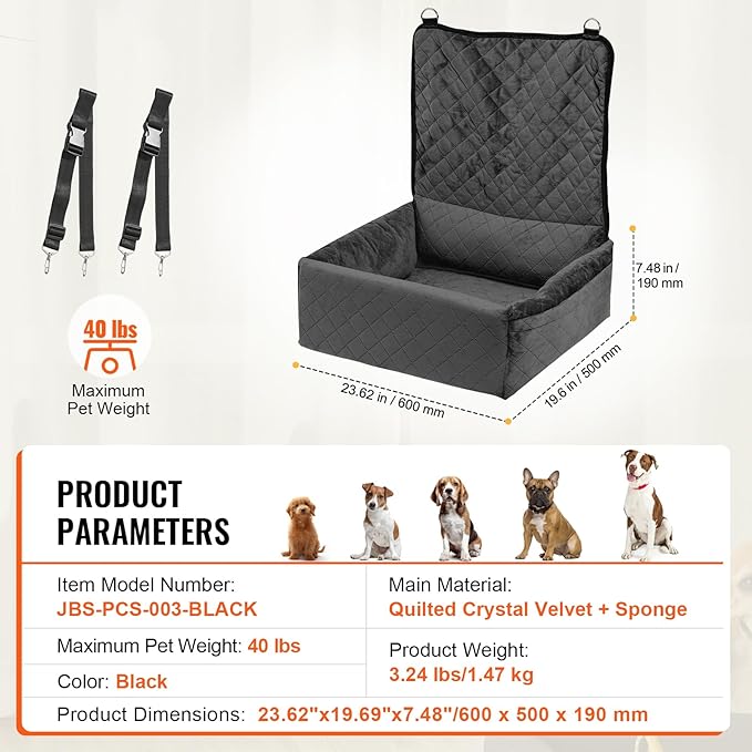 Happybuy Dog Car Seat, Dog Booster Seat for Car with A Storage Pocket, Clip-On Safety Leash, Sponge and PP Cotton Filling, Dog Car Bed for Small & Medium Dog up to 40lbs, Black
