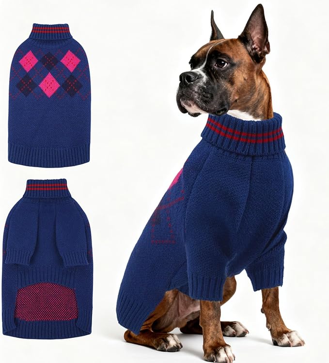 Dog Sweater for Medium Large Dogs, Cold Weather Cable Knit Pullover, Thick Warm Turtleneck Winter Clothes for French Bulldog, Labrador, Golden Retriever, German Shepherd, Great Dane- Blue XXL